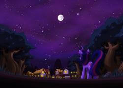 Size: 1188x850 | Tagged: safe, artist:rainbowdashuk, character:twilight sparkle, character:twilight sparkle (unicorn), species:pony, species:unicorn, g4, female, mare, mare in the moon, moon, night, night sky, ponyville, sky, solo, stars