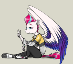 Size: 1168x1027 | Tagged: safe, artist:sinrar, character:zipp storm, species:anthro, species:pegasus, species:unguligrade anthro, g5, bra, clothing, colored eyebrows, colored wings, eyebrows, female, gray background, hoof shoes, jacket, leggings, mare, multicolored wings, peace sign, shoes, signature, simple background, sitting, smiling, solo, sports bra, underwear, wings