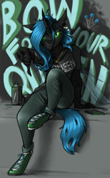 Size: 1200x1950 | Tagged: safe, artist:sinrar, character:queen chrysalis, species:anthro, species:changeling, species:unguligrade anthro, g4, changeling queen, clothing, female, hoof shoes, jewelry, looking at you, necklace, pants, shirt, shoes, solo, spray can, spray paint, t-shirt, thumbs down