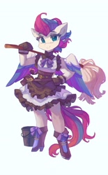 Size: 2542x4096 | Tagged: safe, artist:saxopi, character:zipp storm, species:pegasus, species:pony, g5, adorazipp, arm hooves, bag, bucket, clothing, cute, dress, eyebrows, eyelashes, female, gloves, looking at you, maid, mare, mop, semi-anthro, simple background, smiling, solo, white background