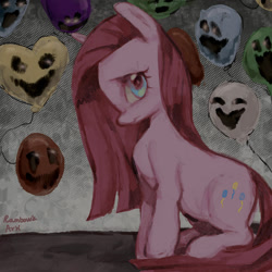 Size: 1280x1280 | Tagged: safe, artist:poqq, character:pinkamena diane pie, character:pinkie pie, species:earth pony, species:pony, g4, balloon, female, looking at you, mare, profile, signature, sitting, solo, straight hair