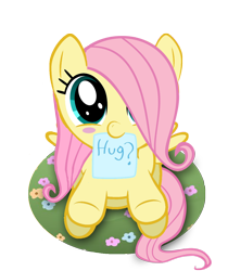 Size: 900x1070 | Tagged: dead source, safe, artist:whitecloud72988, character:fluttershy, species:pegasus, species:pony, g4, blush sticker, blushing, bronybait, cute, daaaaaaaaaaaw, female, filly, foal, hair over one eye, hnnng, holding, hug, hug request, looking at you, mouth hold, shyabetes, sign, simple background, smiling, solo, transparent background, young