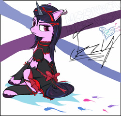 Size: 1280x1227 | Tagged: safe, artist:sallycars, character:izzy moonbow, species:pony, species:unicorn, g5, abstract background, clothing, colored hooves, digital art, dress, eyebrows, female, frown, goth, goth izzy, gradient hair, hooves, looking back, looking sideways, mare, ms paint, multicolored hair, raised hoof, signature, sitting, solo, text, three quarter view, unshorn fetlocks