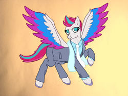 Size: 4160x3120 | Tagged: safe, artist:jesterofdestiny, character:zipp storm, species:pegasus, species:pony, g5, button-up shirt, clothing, colored hooves, colored wings, dress shirt, female, hooves, looking at you, mare, multicolored wings, necktie, no pupils, raised hoof, scarf, shirt, simple background, solo, spread wings, suit, three quarter view, unshorn fetlocks, wings