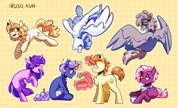 Size: 2048x1242 | Tagged: safe, artist:lrusu, idw, character:amethyst star, character:dust devil, character:golden crust, character:jasmine leaf, character:midnight snack, character:sparkler, character:sweet biscuit, character:white lightning, species:earth pony, species:pegasus, species:pony, species:unicorn, ship:goldensnack, g4, blushing, clothing, cup, cutie mark, dancing, donut, drink, female, flying, food, gay, happy, male, mare, neckerchief, shipping, simple background, smiling, spread wings, stallion, tea, teacup, wings