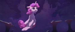 Size: 1200x519 | Tagged: safe, artist:inkhooves, character:sweetie belle, species:pony, species:unicorn, g4, belle (anime), canterlot castle, female, filly, floating, floppy ears, foal, night, scenery, smiling, solo, young