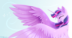 Size: 1280x672 | Tagged: safe, artist:muffinkarton, character:twilight sparkle, character:twilight sparkle (alicorn), species:alicorn, species:pony, g4, 2020, absurd file size, absurd resolution, big wings, crying, ear fluff, eyes closed, female, laughing, mare, old art, profile, solo, tears of joy, tears of laughter, teary eyes, wind, wings
