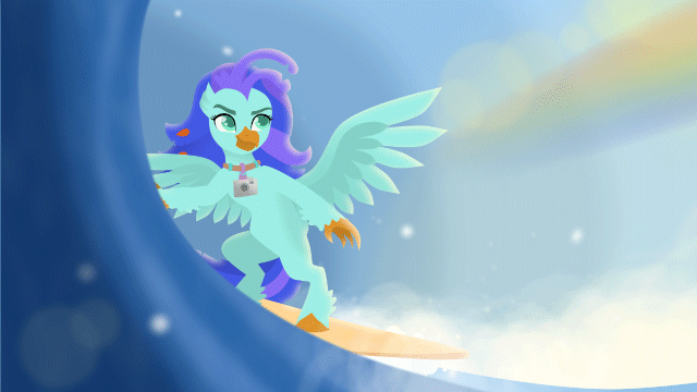 Size: 640x360 | Tagged: safe, artist:rumista, derpibooru original, oc, oc only, oc:sea lilly, species:classical hippogriff, species:hippogriff, animated, bipedal, blinking, camera, commission, female, fun in the sun, gif, jewelry, necklace, spread wings, surfboard, surfing, wave, wings, ych result