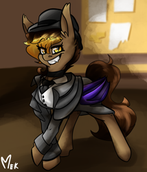 Size: 878x1024 | Tagged: safe, artist:mekblue, oc, species:bat pony, species:pony, bat pony oc, bat wings, billboard, bowler hat, clothing, dress, ear fluff, fancy, hat, looking at you, necktie, smiling, smiling at you, solo, wings