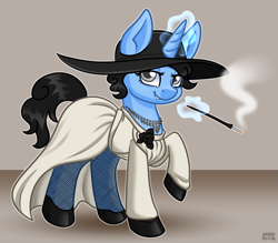 Size: 1167x1024 | Tagged: safe, artist:sabrib, oc, oc only, oc:tinker doo, species:pony, species:unicorn, cigarette, cigarette holder, clothing, cosplay, costume, crossdressing, glowing horn, hat, high heels, horn, jewelry, lady dimitrescu, magic, necklace, shoes, smiling, socks, stockings, telekinesis, thigh highs, unicorn oc