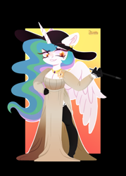 Size: 500x700 | Tagged: safe, artist:fourteennails, character:princess celestia, species:alicorn, species:anthro, species:pony, g4, breasts, busty princess celestia, cigarette, cigarette holder, clothing, dress, female, hand, hand on hip, hat, hips, lady dimitrescu, mare, resident evil 8, smiling, smoking