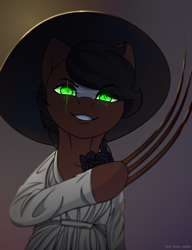 Size: 785x1024 | Tagged: safe, artist:buy_some_apples, oc, oc only, species:earth pony, species:pony, clothing, dress, glowing, glowing eyes, grin, hat, high res, lady dimitrescu, resident evil, resident evil village, semi-anthro, smiling, solo