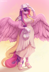 Size: 960x1408 | Tagged: safe, artist:margony, character:princess cadance, species:alicorn, species:anthro, species:plantigrade anthro, species:pony, g4, bag, big wings, breasts, busty princess cadance, clothing, commission, dress, eyelashes, female, floppy ears, gloves, gradient background, hat, high heels, jewelry, mare, milf, necklace, open-toed shoes, pearl necklace, purse, shoes, simple background, solo, spread wings, tail, toes, wings
