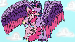 Size: 960x540 | Tagged: safe, artist:bringina, character:pinkie pie, character:twilight sparkle, character:twilight sparkle (alicorn), species:alicorn, species:earth pony, species:pony, ship:twinkie, g4, blushing, carrying, cheek fluff, chest fluff, coat markings, colored wings, ear fluff, fluffy, flying, freckles, hug, leg fluff, manechat challenge, multicolored hooves, multicolored wings, shipping, wings