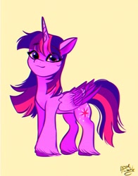Size: 1074x1368 | Tagged: safe, artist:petaltwinkle, character:twilight sparkle, character:twilight sparkle (alicorn), species:alicorn, species:pony, cute, cutie mark, eyebrows, eyebrows visible through hair, female, folded wings, horn, looking at you, mare, simple background, smiling, solo, tail, twiabetes, unshorn fetlocks, wings