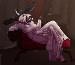 Size: 1200x1052 | Tagged: safe, artist:unfinishedhekry, character:rarity, species:anthro, species:pony, species:unguligrade anthro, species:unicorn, g4, breasts, busty rarity, cigarette, cigarette holder, clothing, digital art, dress, female, floppy ears, gloves, hat, horn, lady dimitrescu, lady raritrescu, looking at you, open mouth, open smile, pose, resident evil 8, sharp teeth, smiling, smiling at you, smoking, solo, tail, teeth, vampire