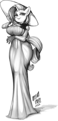 Size: 578x1200 | Tagged: safe, artist:anpan_tama, character:rarity, species:anthro, g4, breasts, busty rarity, cleavage, clothing, cosplay, costume, crossover, dress, female, gloves, grayscale, hat, lady dimitrescu, lady raritrescu, looking at you, monochrome, resident evil 8, simple background, solo, vampire, white background, wide hips