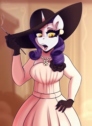 Size: 873x1200 | Tagged: safe, artist:shadowreindeer, character:rarity, species:anthro, species:pony, species:unicorn, g4, cigarette, cigarette holder, clothing, crossover, dress, ear piercing, earring, eyeshadow, fangs, gloves, hat, horn, jewelry, lady dimitrescu, lady raritrescu, makeup, necklace, piercing, resident evil 8, sharp teeth, slit pupils, smoking, vampire, yellow eyes