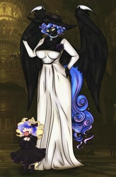 Size: 672x1024 | Tagged: safe, artist:synthsparkle, character:nightmare moon, character:princess luna, oc, oc:wendysparkle, species:alicorn, species:anthro, species:human, species:pony, g4, big breasts, breasts, busty nightmare moon, child, clothing, cosplay, costume, dress, lady dimitrescu, resident evil, resident evil 8, vampire