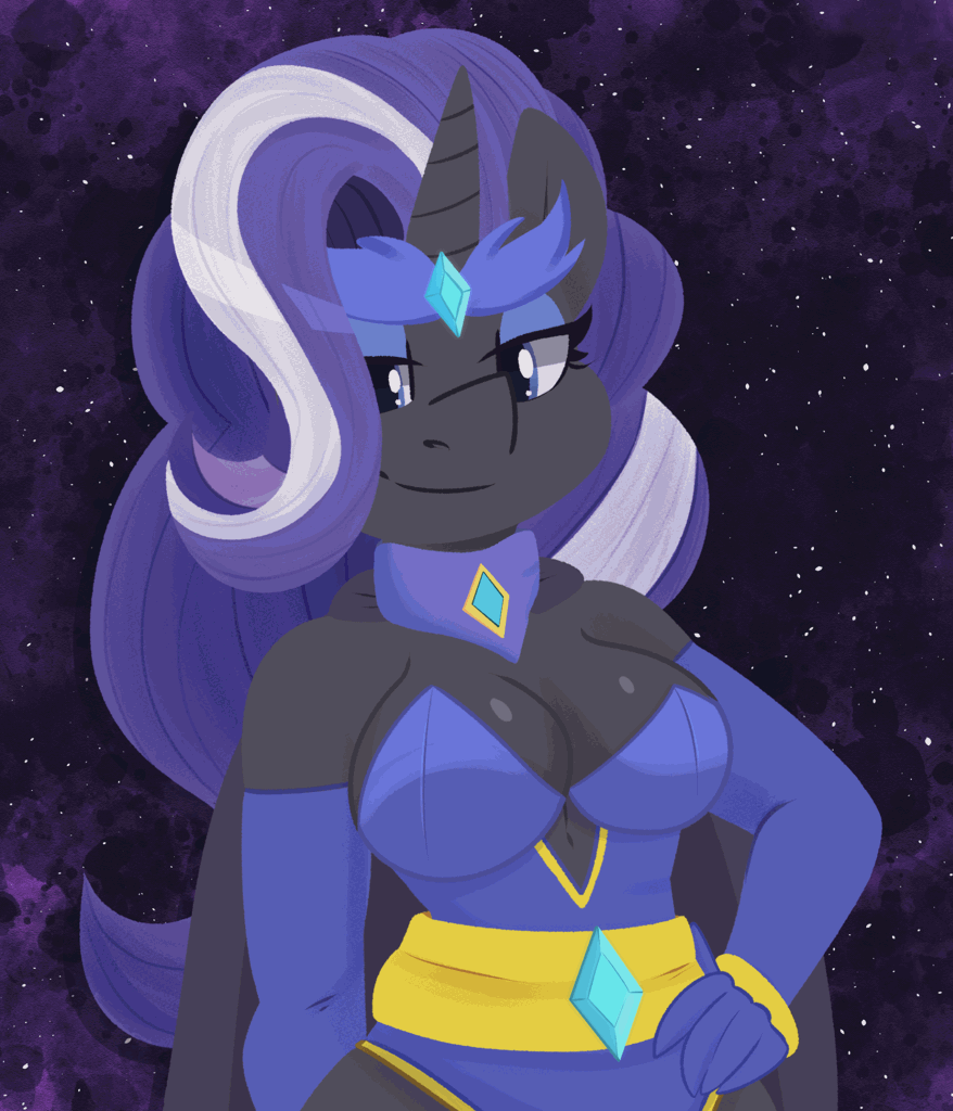 Size: 878x1024 | Tagged: safe, artist:modularpon, character:nightmare rarity, character:rarity, species:anthro, species:pony, species:unicorn, g4, animated, belly button, big breasts, breasts, busty nightmare rarity, cleavage, clothing, detached sleeves, female, gif, grin, hair over one eye, hand, hand on hip, hips, laughing, lidded eyes, looking at you, sharp teeth, smiling, smiling at you, solo, teeth