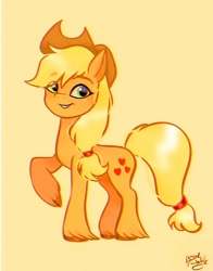 Size: 1074x1368 | Tagged: safe, artist:petaltwinkle, character:applejack, species:earth pony, species:pony, g4, applejack's hat, clothing, cowboy hat, cute, cutie mark, eyebrows, female, freckles, hat, hooves, jackabetes, looking at you, mare, one hoof raised, ponytail, simple background, smiling, solo, stetson, unshorn fetlocks, yellow background