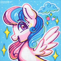 Size: 1759x1768 | Tagged: safe, artist:dandy, oc, oc only, oc:strawberry dreamy, species:pegasus, species:pony, abstract background, eyebrows, eyebrows visible through hair, eyelashes, female, mare, open mouth, pen drawing, profile, smiling, solo, spread wings, traditional art, wings