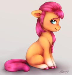 Size: 2208x2292 | Tagged: safe, artist:buttersprinkle, character:sunny starscout, species:earth pony, species:pony, g5, braid, braided ponytail, colored eyebrows, colored hooves, cute, eyebrows, eyelashes, female, floppy ears, hooves, looking back, mare, simple background, solo, sunnybetes, tail