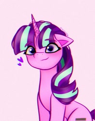 Size: 1074x1368 | Tagged: safe, artist:petaltwinkle, character:starlight glimmer, species:pony, species:unicorn, g4, g5, blushing, cute, cutie mark, equal cutie mark, eyebrows, eyebrows visible through hair, eyelashes, fake cutie mark, female, floating heart, floppy ears, g4 to g5, generation leap, glimmerbetes, heart, horn, mare, s5 starlight, simple background, sitting, solo