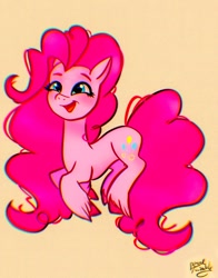 Size: 1074x1368 | Tagged: safe, artist:petaltwinkle, character:pinkie pie, species:earth pony, species:pony, g4, blushing, bouncing, colored eyebrows, colored hooves, cutie mark, eyebrows, eyelashes, female, hooves, hopping, long hair, mare, open mouth, pronking, solo, unshorn fetlocks