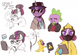 Size: 2480x1754 | Tagged: safe, artist:nire, character:spike, character:twilight sparkle, character:twilight sparkle (unicorn), species:dragon, species:pony, species:unicorn, g4, breaking bad, chemistry, cigarette, clipboard, clothing, crossover, dialogue, drugs, duo, duo male and female, female, hair bun, hat, hazmat suit, horn, jacket, jesse pinkman, leather jacket, looking at you, male, mare, meth, open mouth, respirator, shirt, simple background, sunglasses, text, walter white, white background
