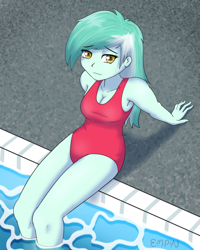Size: 960x1200 | Tagged: safe, artist:empyu, character:lyra heartstrings, species:eqg human, g4, clothing, cute, equestria girls-ified, eyebrows, eyelashes, female, looking at you, looking up at you, lyrabetes, one-piece swimsuit, red swimsuit, smiling, solo, species swap, swimming pool, swimsuit