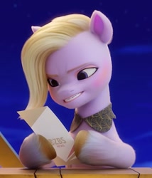 Size: 612x716 | Tagged: safe, screencap, character:dazzle feather, species:pegasus, species:pony, g5, my little pony: a new generation, collar, colored eyebrows, cropped, eyebrows, female, frown, gritted teeth, hoof hold, makeup, mare, reading, reporter, solo, unshorn fetlocks, zbs