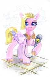 Size: 789x1200 | Tagged: safe, artist:maytee, character:dazzle feather, species:pegasus, species:pony, g5, collar, colored eyebrows, colored pencil drawing, colored wings, cute, cutie mark, dazzlebetes, eyelashes, female, folded wings, gradient wings, hooves, journalist, looking at you, mare, microphone, multicolored wings, one hoof raised, simple background, smiling, solo, traditional art, unshorn fetlocks, white background, wings, zbs