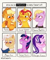 Size: 1715x2048 | Tagged: safe, artist:artistmythical, character:applejack, character:dazzle feather, character:mayor mare, character:starlight glimmer, character:sunset shimmer, character:twilight sparkle, character:twilight sparkle (alicorn), species:alicorn, species:earth pony, species:pegasus, species:pony, species:unicorn, g4, g5, my little pony:equestria girls, applejack's hat, blushing, book, clothing, collar, cowboy hat, eyebrows, eyelashes, female, freckles, glasses, hat, hoof wave, implied shipping, implied twijack, looking at you, mare, one eye closed, reading, shipping, six fanarts, smiling, stetson