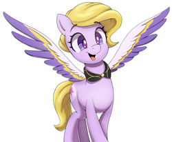 Size: 1453x1200 | Tagged: safe, artist:ahobobo, character:dazzle feather, species:pegasus, species:pony, g5, collar, colored eyebrows, colored wings, cute, cutie mark, dazzlebetes, eyebrows, eyebrows visible through hair, eyelashes, female, happy, mare, multicolored wings, open mouth, simple background, smiling, solo, spread wings, tail, white background, wings