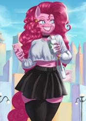 Size: 1754x2480 | Tagged: safe, artist:nire, character:pinkie pie, species:anthro, species:earth pony, species:pony, g4, bag, bracelet, cellphone, choker, city, cityscape, clothing, cloud, cup, cute, day, diapinkes, ear piercing, earring, female, jewelry, lamppost, looking sideways, mare, midriff, nail polish, necklace, phone, piercing, purse, skirt, sky, smartphone, smiling, socks, solo, stockings, thigh highs, zettai ryouiki