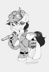 Size: 1378x2039 | Tagged: safe, artist:36hourstoingi, manebooru original, character:zipp storm, species:pegasus, g5, ace attorney, character:herlock sholmes, cosplay, costume, crossover, detective zipp, gun, manechat challenge, monochrome, revolver, the great ace attorney, vial, video game, weapon