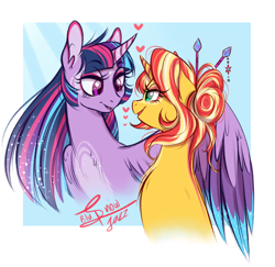 Size: 2325x2257 | Tagged: safe, artist:snowballflo, artist:truebluflo, character:sunset shimmer, character:twilight sparkle, character:twilight sparkle (alicorn), species:alicorn, species:pony, species:unicorn, ship:sunsetsparkle, g4, my little pony:equestria girls, alternate hairstyle, blue background, coat markings, colored wings, colored wingtips, cute, duo, eye contact, female, floating heart, hair bun, heart, hug, lesbian, lidded eyes, looking at each other, mare, multicolored hair, multicolored wings, profile, shimmerbetes, shipping, signature, simple background, smiling, three quarter view, twiabetes, winghug, wings