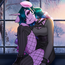 Size: 2000x2000 | Tagged: safe, alternate version, artist:kennzeichen, character:izzy moonbow, species:anthro, species:unicorn, g5, beautiful, black dress, black lipstick, boots, clothing, collar, corset, cute, dress, explicit source, eye clipping through hair, eyebrows, eyebrows visible through hair, eyelashes, eyeshadow, female, fishnet pantyhose, fishnets, goth, goth izzy, gradient mane, horn, izzybetes, lipstick, looking at you, makeup, mare, multicolored hair, scenery, shoes, snow, socks, solo, spiked collar, stockings, thigh highs, window, winter