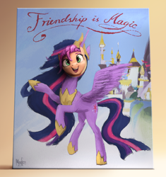 Size: 1600x1704 | Tagged: safe, artist:magfen, character:sunny starscout, character:twilight sparkle, character:twilight sparkle (alicorn), species:alicorn, species:earth pony, species:pony, episode:the last problem, g4, g5, my little pony: friendship is magic, canterlot, clothing, crown, cute, cutout, female, g4 to g5, generation leap, hoof shoes, jewelry, mare, necklace, older, older twilight, open mouth, open smile, peytral, princess twilight 2.0, regalia, shoes, smiling, standee, sunny and her heroine, sunnybetes, text, title drop