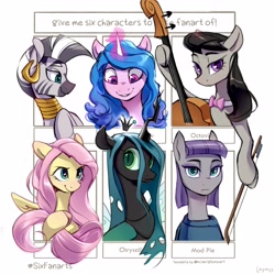 Size: 3600x3582 | Tagged: safe, artist:laymy, character:fluttershy, character:izzy moonbow, character:maud pie, character:octavia melody, character:queen chrysalis, character:zecora, species:changeling, species:earth pony, species:pegasus, species:pony, species:unicorn, species:zebra, g4, g5, bow, cello, changeling queen, female, glowing, glowing horn, gradient hair, high res, hoof hold, horn, looking at you, magic, magic aura, mare, multicolored hair, musical instrument, out of frame, profile, six fanarts, text, three quarter view