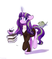 Size: 4898x5584 | Tagged: safe, artist:laymy, character:starlight glimmer, species:pony, species:unicorn, g4, absurd resolution, alternate design, alternate hairstyle, book, cake, clothing, cup, cute, female, flower, food, glimmerbetes, glowing horn, looking at you, loose hair, magic, mare, raised hoof, redesign, s5 starlight, simple background, solo, spoon, sweater, teacup, telekinesis, white background