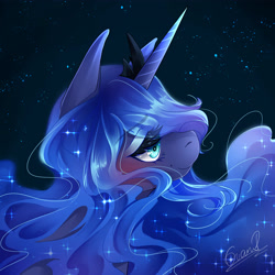 Size: 4000x4000 | Tagged: safe, artist:evanrank, character:princess luna, species:alicorn, species:pony, g4, eye clipping through hair, lidded eyes, smiling, solo, stars