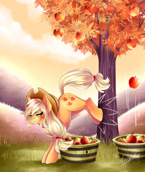 Size: 2888x3440 | Tagged: safe, artist:evanrank, character:applejack, species:earth pony, species:pony, g4, apple, apple basket, apple tree, applebucking, autumn, female, food, high res, mare, solo, tree