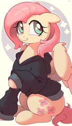 Size: 2365x4096 | Tagged: safe, artist:nookprint, character:fluttershy, species:pegasus, species:pony, g4, blushing, clothing, cute, cutie mark, eyelashes, female, floppy ears, hoodie, looking sideways, mare, shyabetes, simple background, sitting, smiling, solo, spread wings, wings