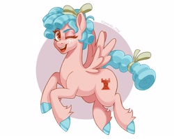 Size: 2500x2000 | Tagged: safe, artist:zendora_tpw, character:cozy glow, species:pegasus, species:pony, g4, bow, colored eyebrows, colored hooves, cozybetes, cute, eyebrows, female, filly, foal, freckles, hair bow, hooves, leg fluff, looking at you, one eye closed, open mouth, open smile, signature, simple background, smiling, solo, spread wings, tail bow, three quarter view, white background, wings, wink, winking at you, young