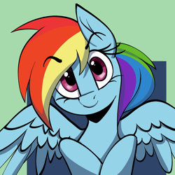 Size: 2212x2211 | Tagged: safe, artist:arume_lux, character:rainbow dash, species:pegasus, species:pony, g4, abstract background, eyebrows, eyebrows visible through hair, female, floating eyebrows, looking at you, mare, simple background, solo, spread wings, wings