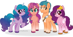 Size: 6840x3500 | Tagged: safe, artist:limedazzle, character:hitch trailblazer, character:izzy moonbow, character:pipp petals, character:sunny starscout, species:earth pony, species:pegasus, species:pony, species:unicorn, g5, adorapipp, bandolier, blaze (coat marking), braid, circlet, coat markings, colored eyebrows, colored hooves, cute, cutie mark, digital art, eyebrows, female, g5 to g4, gradient hair, group, group photo, high res, hooves, izzybetes, looking at you, male, mare, multicolored hair, pipp wings, raised hoof, simple background, smiling, socks (coat marking), stallion, sunnybetes, text, three quarter view, transparent background, unshorn fetlocks, vector, wings