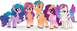 Size: 8592x3500 | Tagged: safe, artist:limedazzle, character:hitch trailblazer, character:izzy moonbow, character:pipp petals, character:sunny starscout, character:zipp storm, species:earth pony, species:pegasus, species:pony, species:unicorn, g4, g5, my little pony: the movie (2017), absurd resolution, adorapipp, adorazipp, bandolier, blaze (coat marking), braid, circlet, cloven hooves, coat markings, colored eyebrows, colored hooves, colored wings, colored wingtips, cute, cutie mark, digital art, eyebrows, female, g5 to g4, generation leap, gradient hair, group, hitchbetes, hoof fluff, hooves, izzybetes, looking at you, male, mane g5, mare, movie accurate, multicolored hair, multicolored wings, pipp wings, raised hoof, simple background, smiling, socks (coat marking), spread wings, stallion, style emulation, sunnybetes, three quarter view, transparent background, unshorn fetlocks, vector, wings