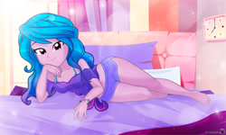 Size: 1296x779 | Tagged: safe, artist:charliexe, character:izzy moonbow, species:eqg human, species:unicorn, g5, bed, bra strap, clothing, equestria girls-ified, eyebrows, eyelashes, female, friendship bracelet, g5 to equestria girls, gradient hair, looking at you, lying down, lying on bed, midriff, multicolored hair, shirt, shorts, smiling, solo, species swap, suggestive source, wide hips